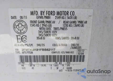 2015 Ford Edge Titanium z USA, uszkodzony, nr VIN 2FMTK4K81FBB82117